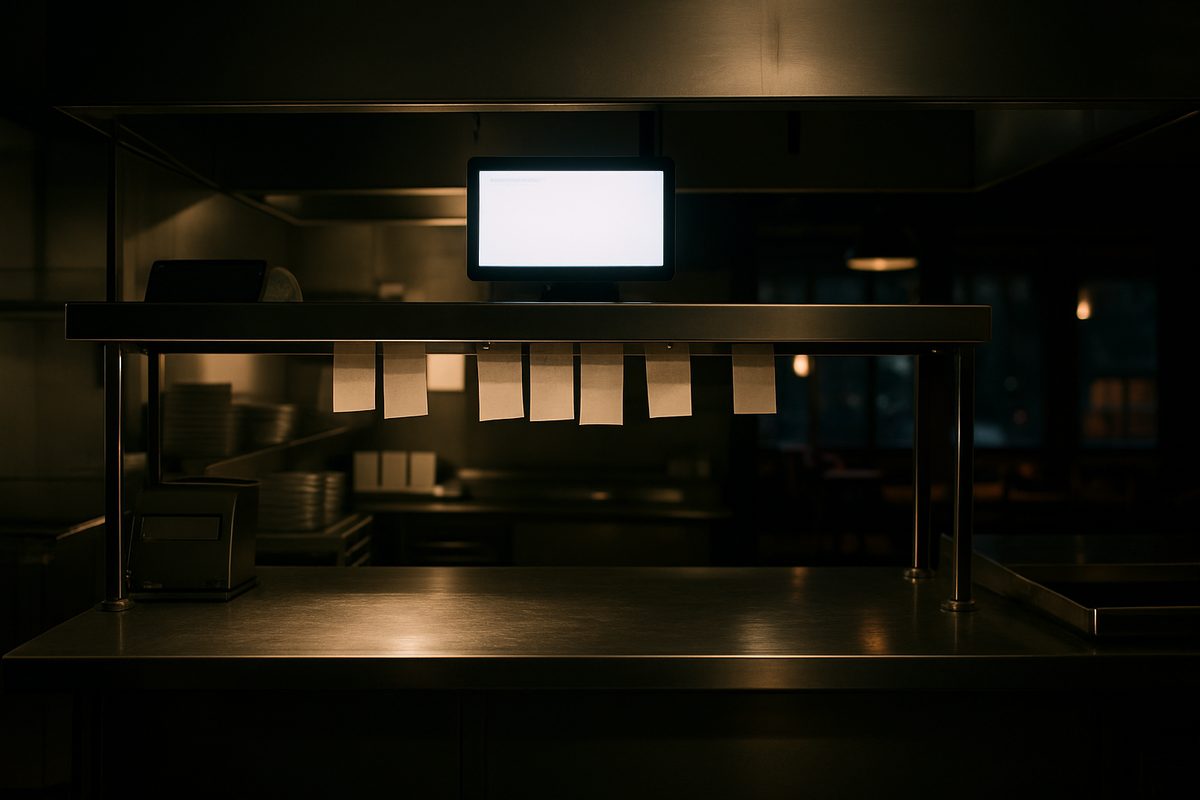 Kitchen display system screen mounted above a restaurant pass-through counter in Alaska