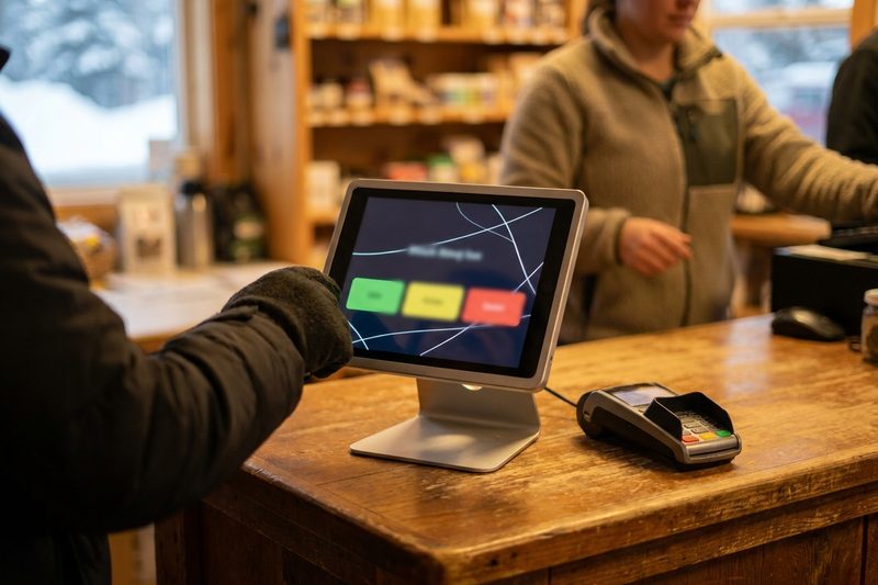 Customer tapping a tip button on a customer-facing display at a shop counter