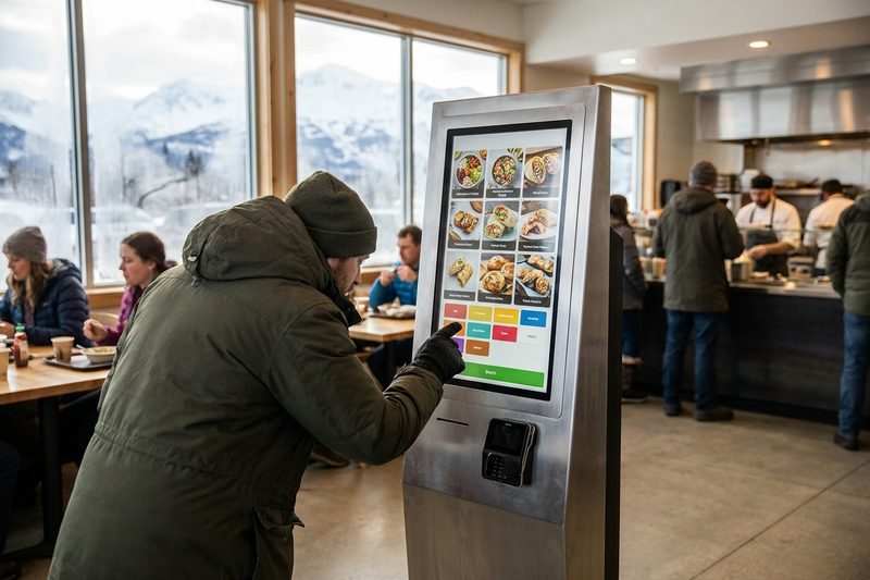 Customer ordering on a self-order kiosk in a café with mountains outside the window