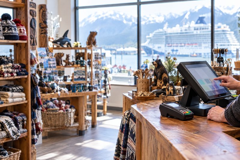 Gift shop counter with a touchscreen register