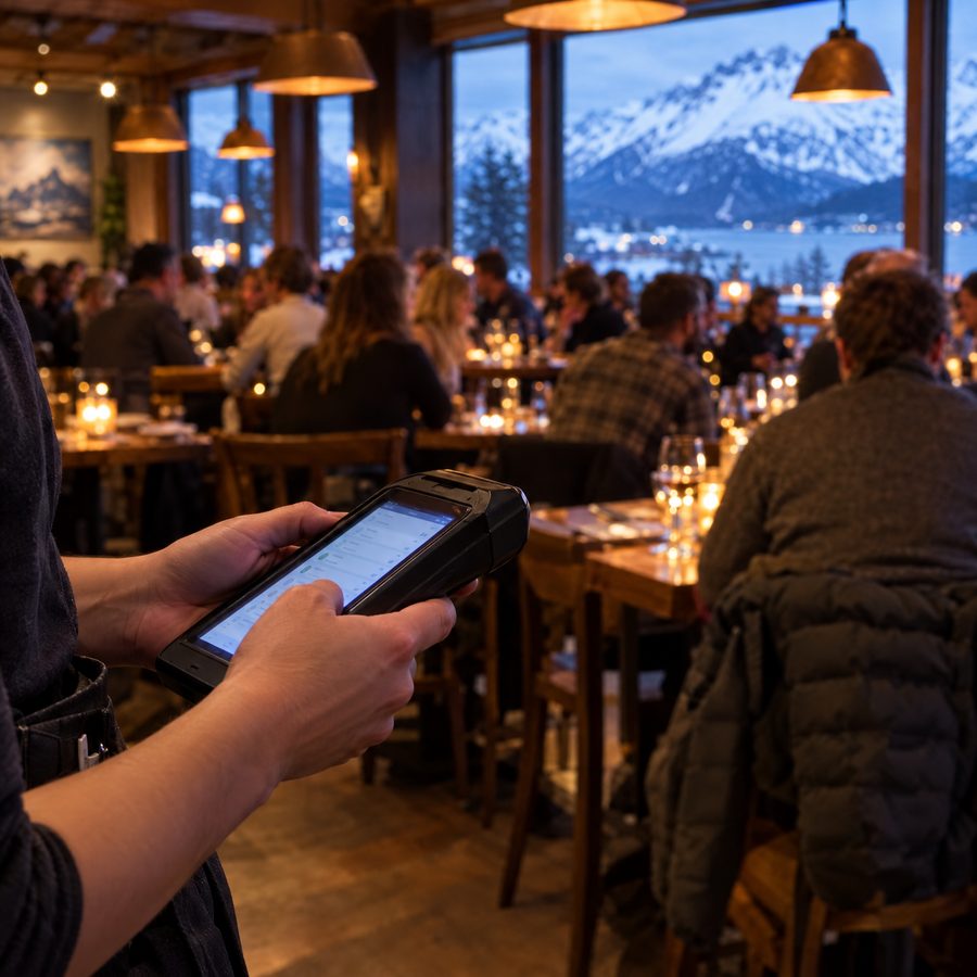 Server taking a payment on a handheld in a busy restaurant