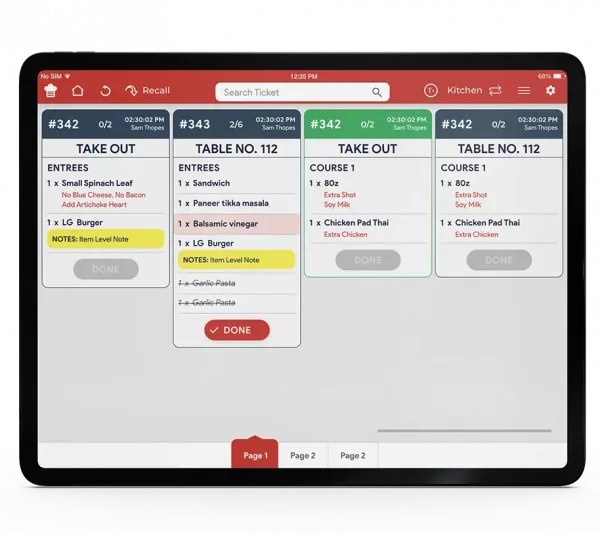 Quantic kitchen display showing take-out and table tickets with modifiers and notes