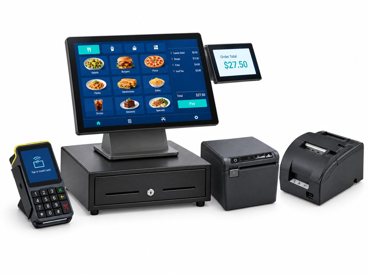 Quantic touchscreen station with a customer-facing display, pin pad, cash drawer and printers