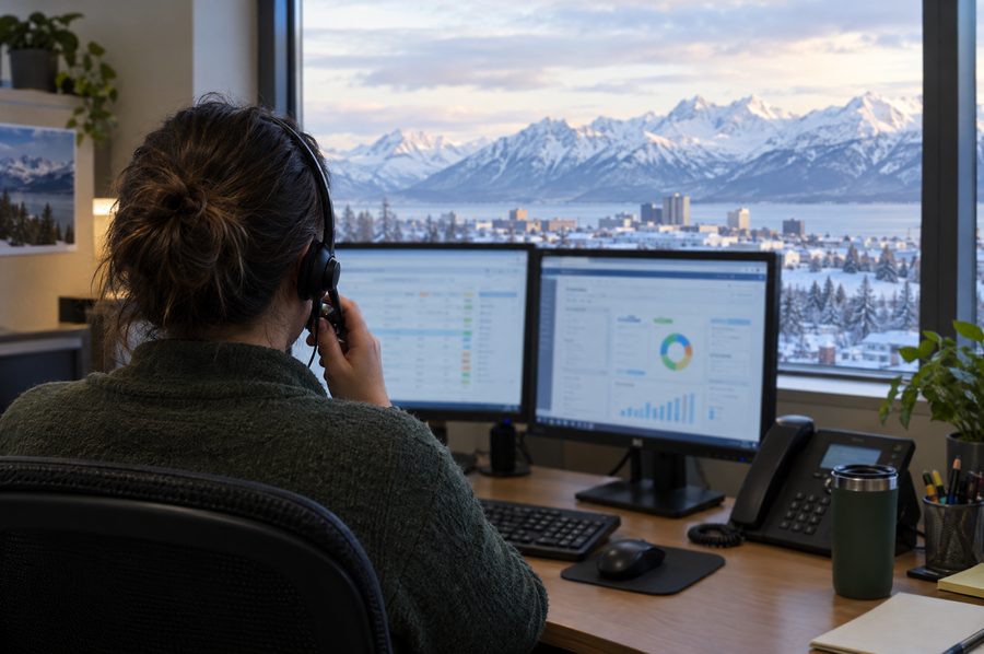 Support desk in Anchorage with mountains through the window