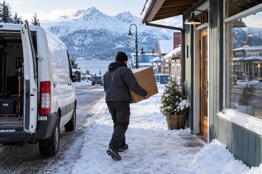 Installer carrying an equipment box into a storefront on a snowy street