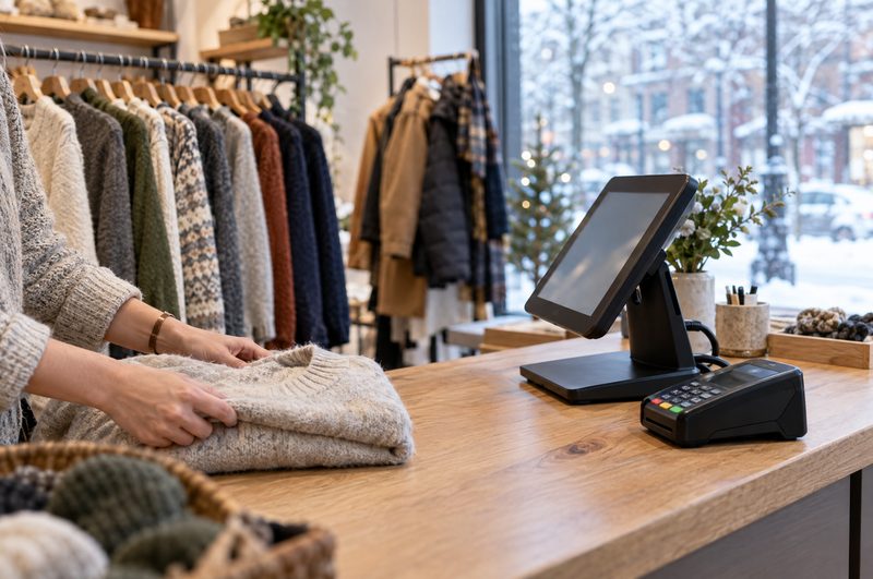 Boutique counter with folded sweaters and a card reader