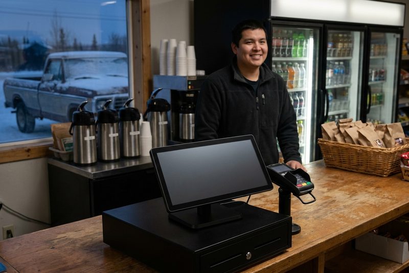 Mini mart counter with a coffee station