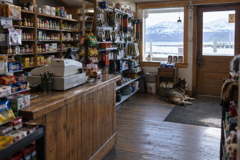 General store counter with stocked shelves