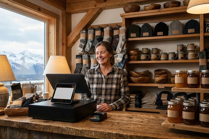 Gift shop counter with a touchscreen register, pottery, knit hats and postcards, snowy mountains outside