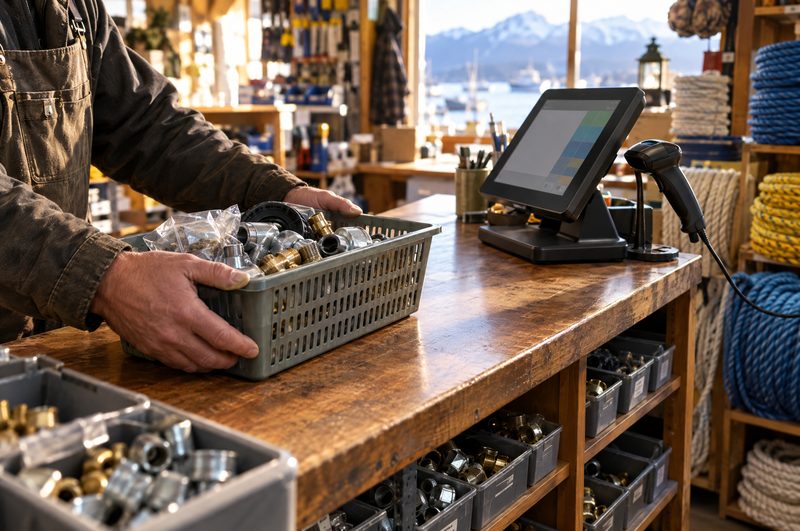 Hardware store counter with bins of fittings and a barcode scanner