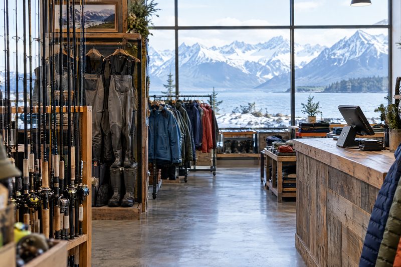 Outfitter shop with rods and jackets and a register by the window
